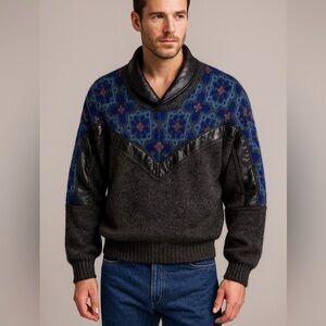 SAXONY Sweater w/ Genuine Leather Trim – Vintage Rare Medium Black